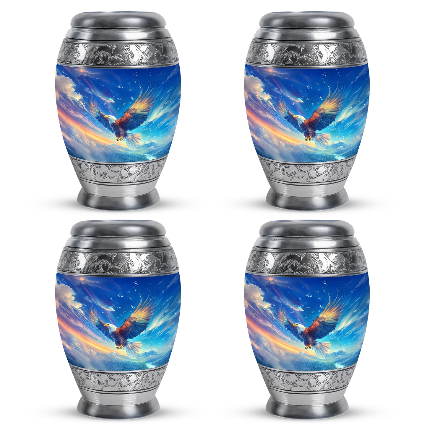 Celestial Blue Eagle Cremation Urn urn with complimentary velvet bag - ornate monarch-style eagle relief on brushed aluminum - 10 inch aluminum urn for cremated remains