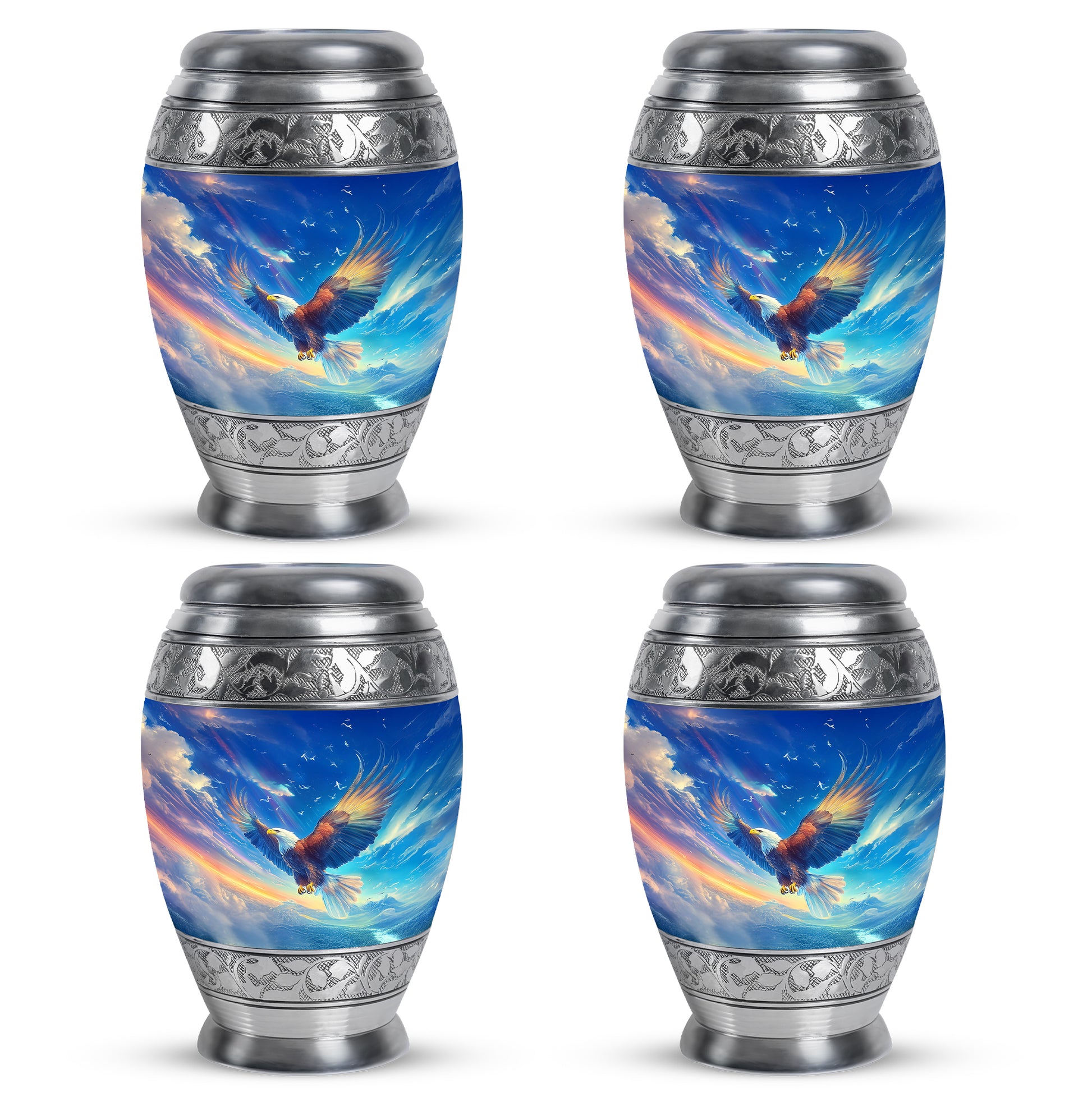 Celestial Blue Eagle Cremation Urn urn with complimentary velvet bag - ornate monarch-style eagle relief on brushed aluminum - 10 inch aluminum urn for cremated remains
