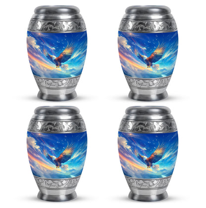 Celestial Blue Eagle Cremation Urn urn with complimentary velvet bag - ornate monarch-style eagle relief on brushed aluminum - 10 inch aluminum urn for cremated remains