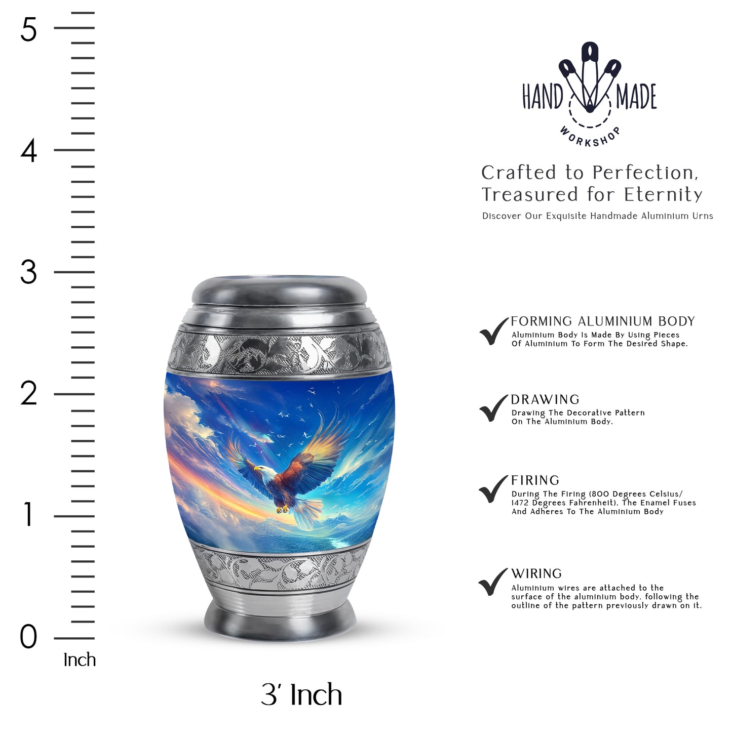 Cobalt Blue Eagle Cremation Urn lifestyle display on memorial shelf - royal eagle engraving with decorative scrollwork - mini keepsake memorial for portion of cremation ashes