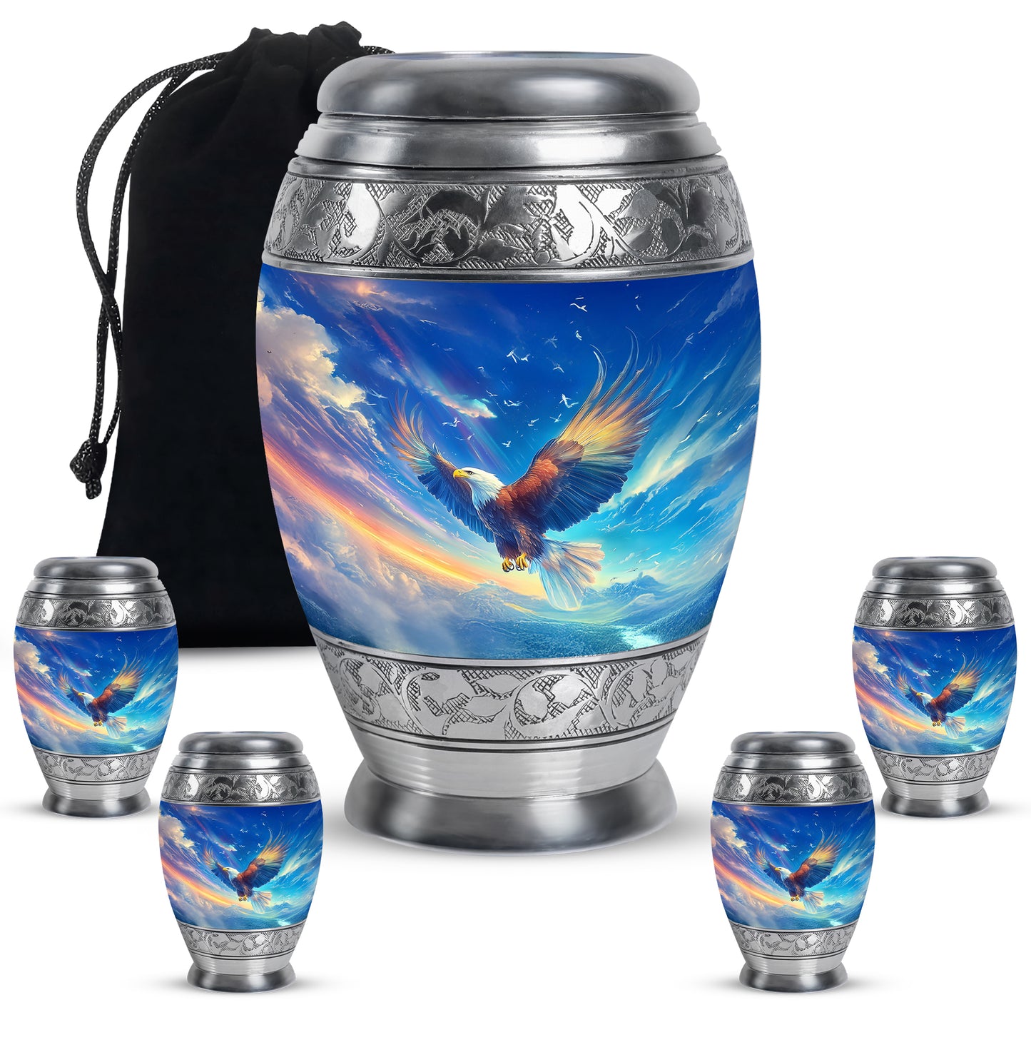 Royal Blue Eagle Cremation Urn detail view - majestic eagle pattern with filigree border - memorial set with one large and four small urns