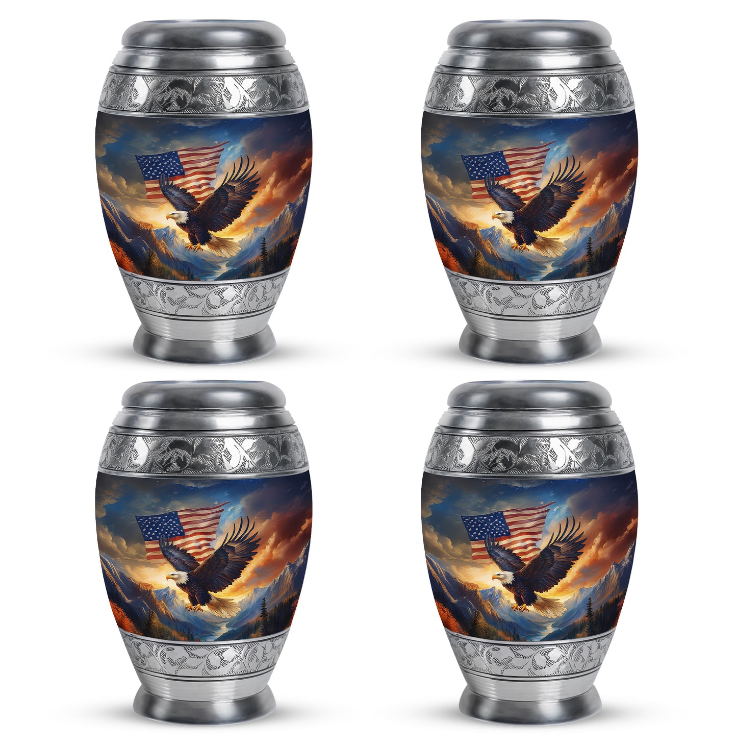 Dusty Blue Eagle Cremation Urn urn with complimentary velvet bag - ornate monarch-style eagle relief on brushed aluminum - 10 inch aluminum urn for cremated remains