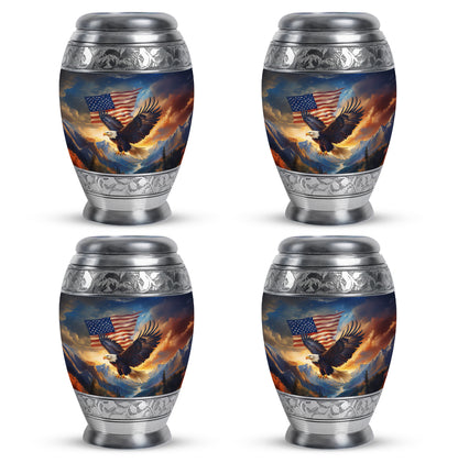 Dusty Blue Eagle Cremation Urn urn with complimentary velvet bag - ornate monarch-style eagle relief on brushed aluminum - 10 inch aluminum urn for cremated remains