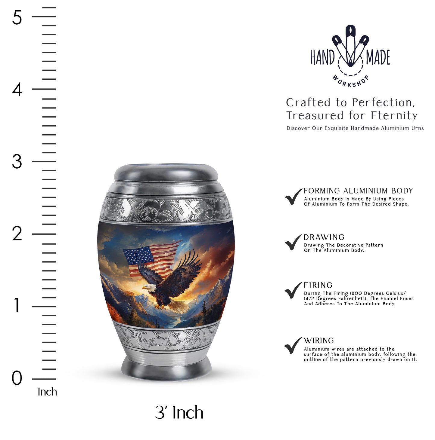 Soft Blue Eagle Cremation Urn lifestyle display on memorial shelf - royal eagle engraving with decorative scrollwork - mini keepsake memorial for portion of cremation ashes
