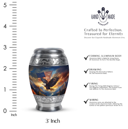 Soft Blue Eagle Cremation Urn lifestyle display on memorial shelf - royal eagle engraving with decorative scrollwork - mini keepsake memorial for portion of cremation ashes