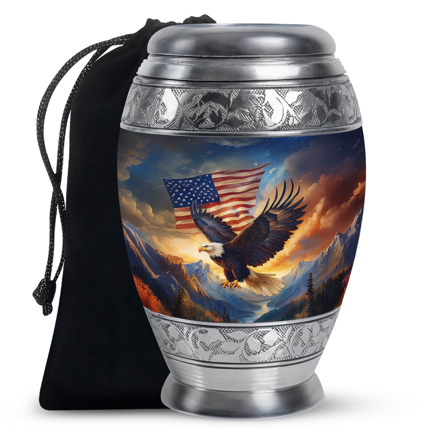 Dusty Blue Eagle Cremation Urn back view with polished surface - ornate monarch-style eagle relief on brushed aluminum - full-size 10 inch 200 cubic inch adult cremation urn