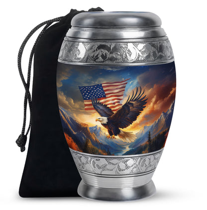 Dusty Blue Eagle Cremation Urn back view with polished surface - ornate monarch-style eagle relief on brushed aluminum - full-size 10 inch 200 cubic inch adult cremation urn