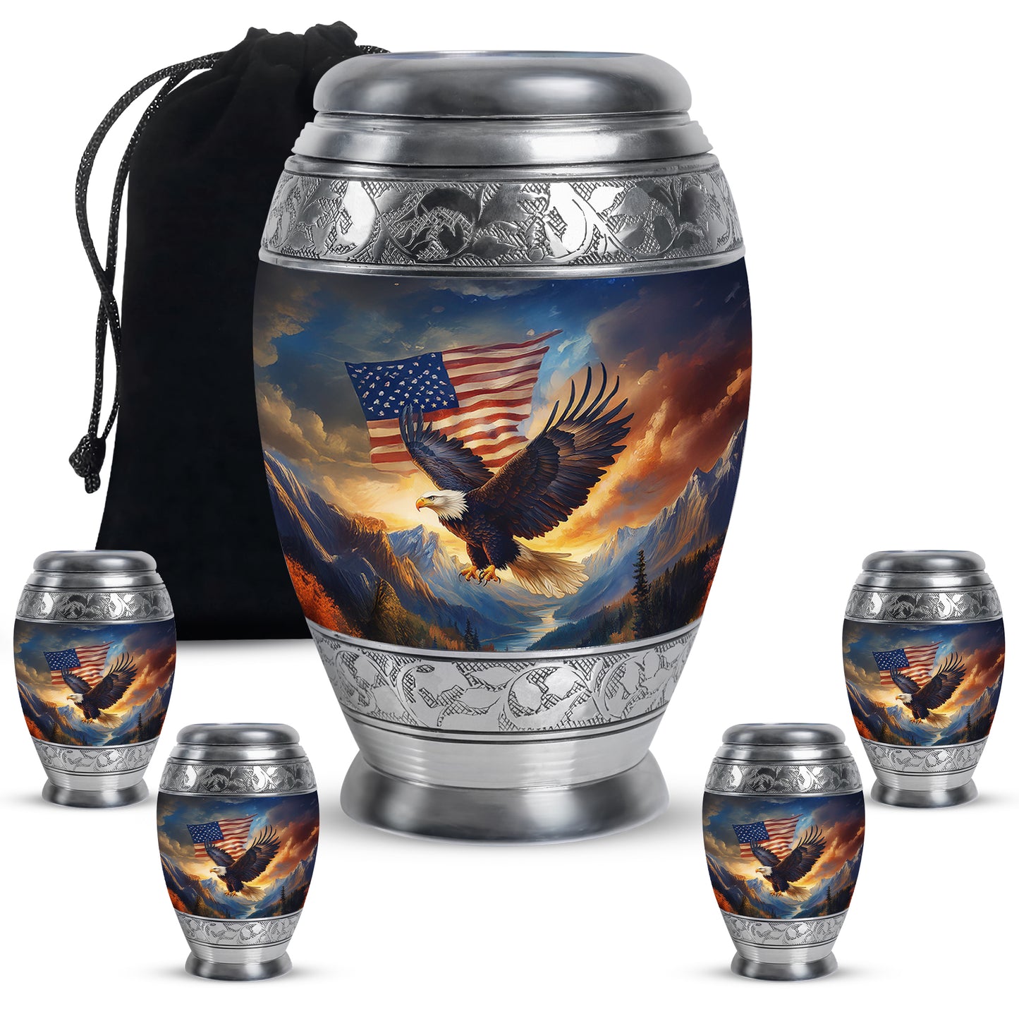 Bright Blue Eagle Cremation Urn detail view - royal eagle engraving with decorative scrollwork - memorial set with one large and four small urns