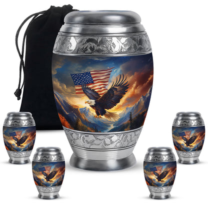 Bright Blue Eagle Cremation Urn detail view - royal eagle engraving with decorative scrollwork - memorial set with one large and four small urns