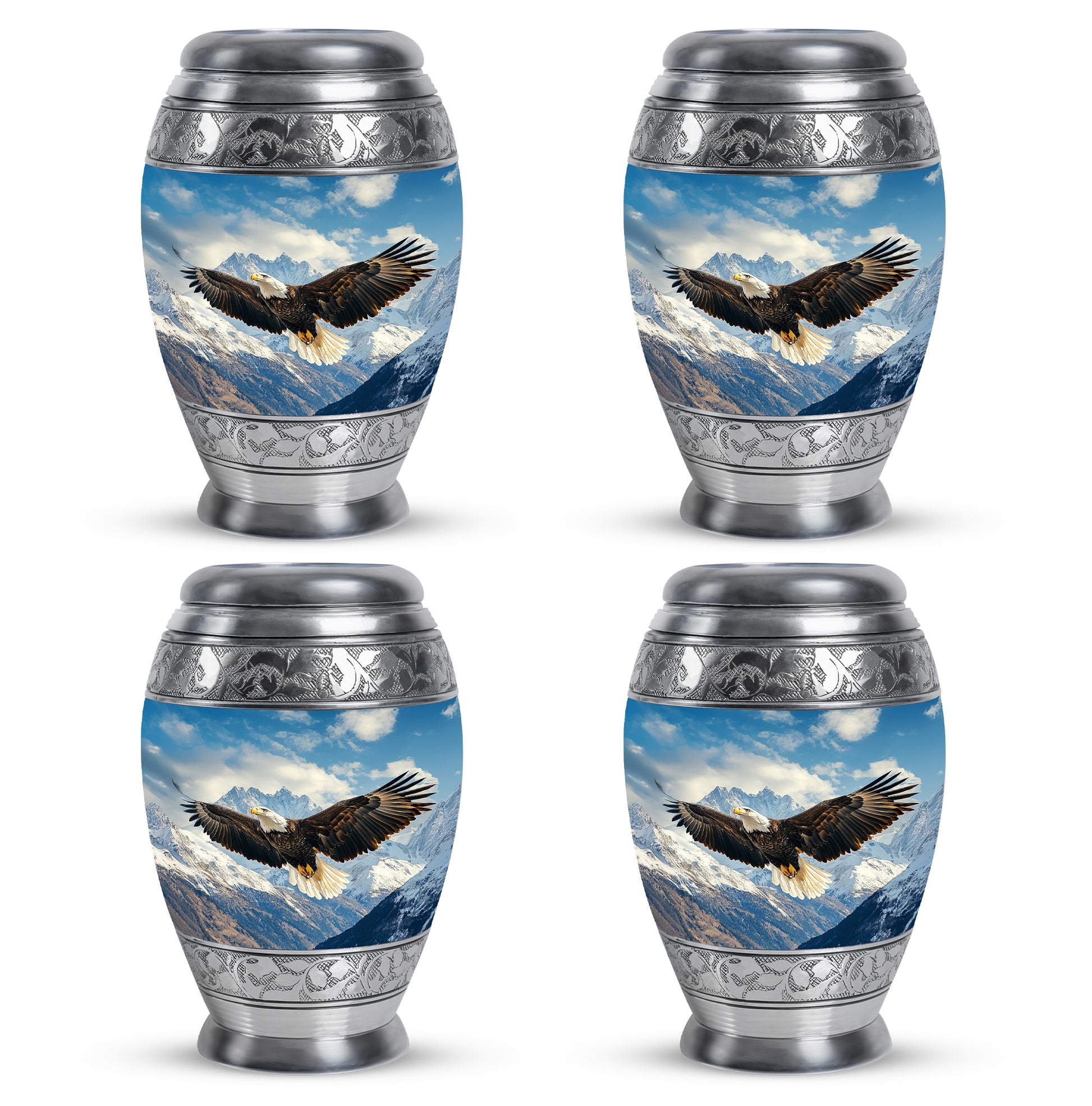 Indigo Eagle Cremation Urn urn with complimentary velvet bag - ornate monarch-style eagle relief on brushed aluminum - 10 inch aluminum urn for cremated remains