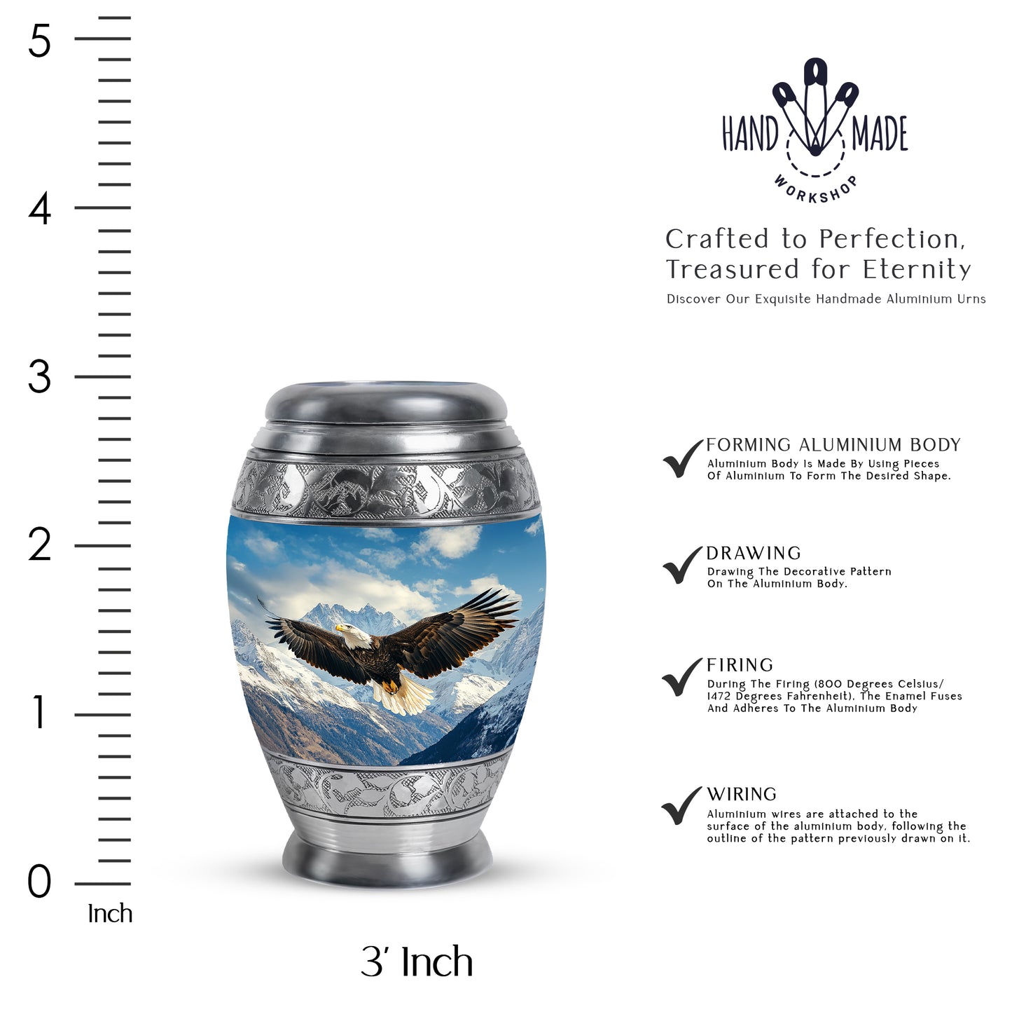 Powder Blue Eagle Cremation Urn lifestyle display on memorial shelf - ornate monarch-style eagle relief on brushed aluminum - mini keepsake memorial for portion of cremation ashes