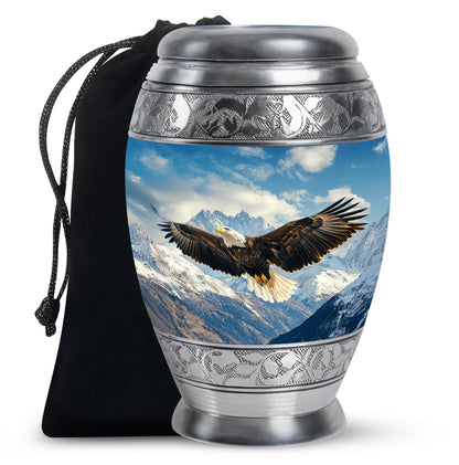 Vivid Blue Eagle Cremation Urn back view with polished surface - royal eagle engraving with decorative scrollwork - full-size 10 inch 200 cubic inch adult cremation urn