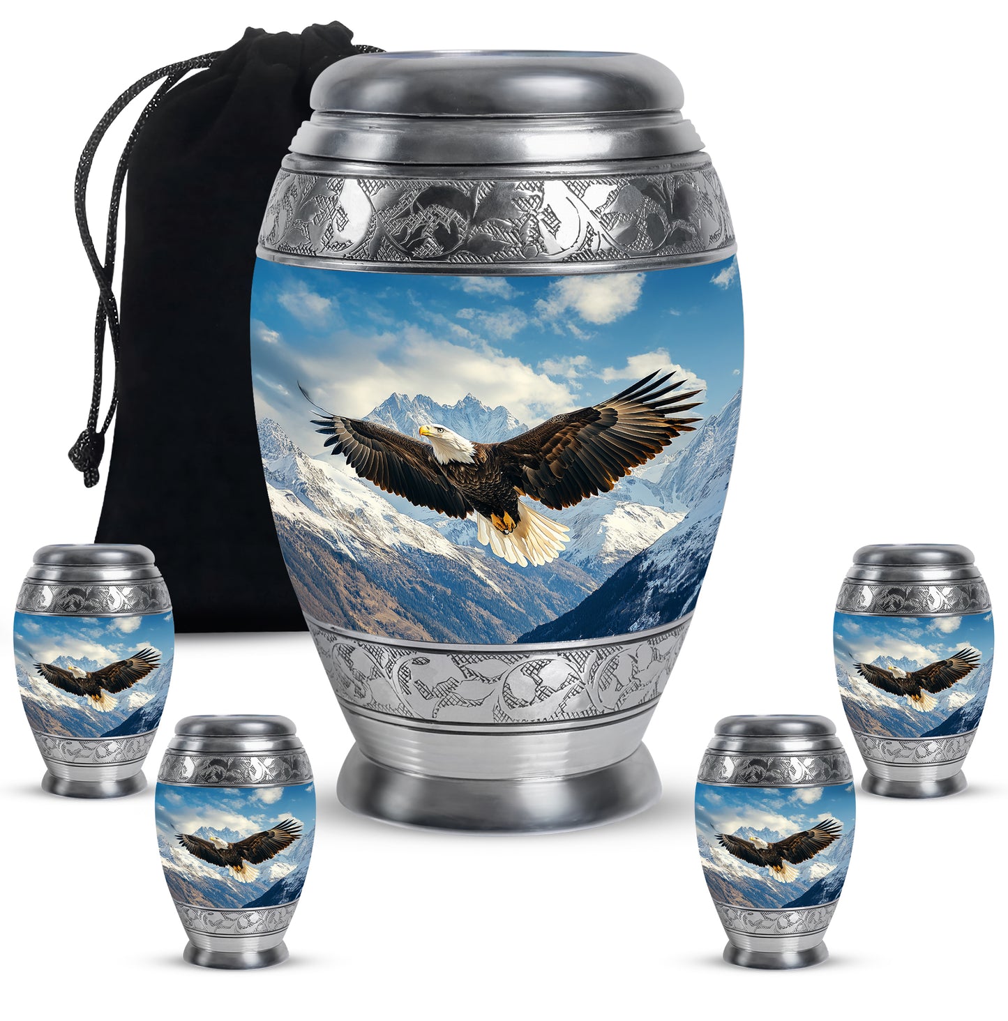 Twilight Blue Eagle Cremation Urn detail view - majestic eagle pattern with filigree border - memorial set with one large and four small urns