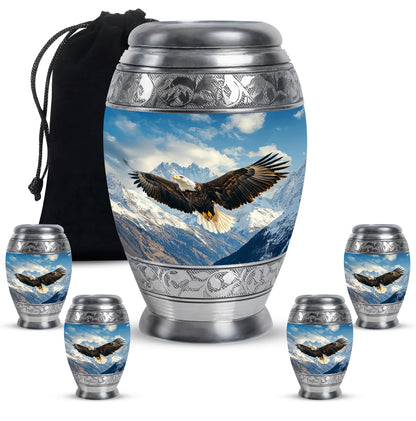 Twilight Blue Eagle Cremation Urn detail view - majestic eagle pattern with filigree border - memorial set with one large and four small urns