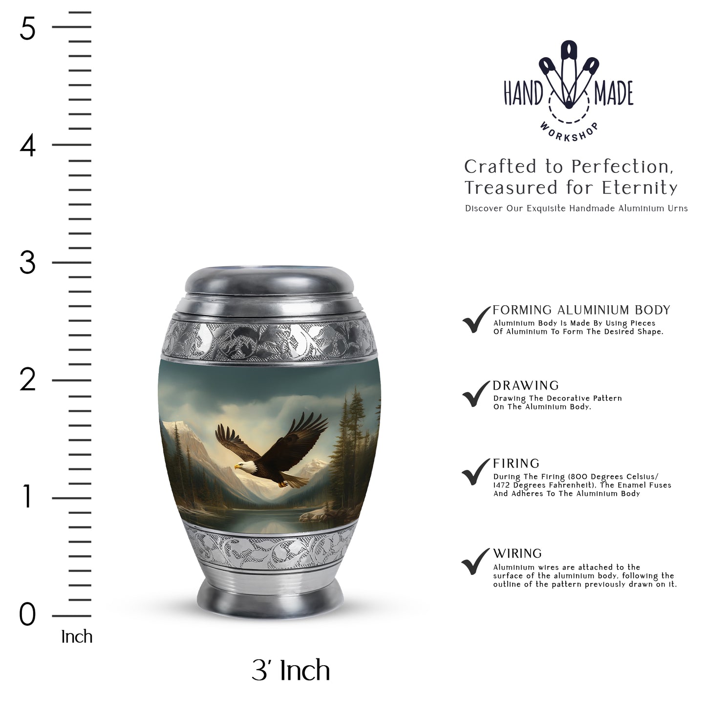 Deep Black Eagle Cremation Urn lifestyle display on memorial shelf - ornate monarch-style eagle relief on brushed aluminum - mini keepsake memorial for portion of cremation ashes