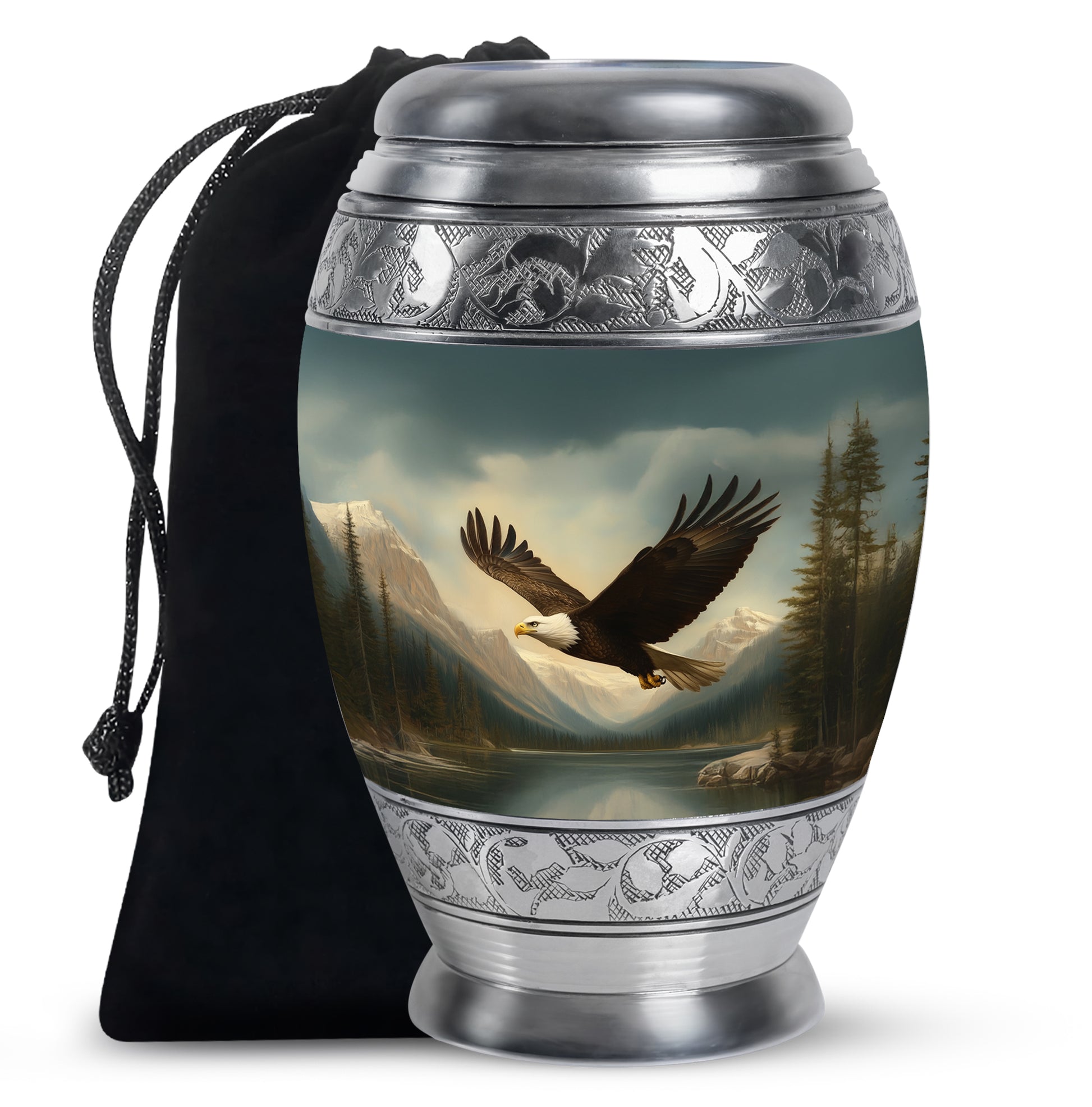 Dark Black Eagle Cremation Urn back view with polished surface - majestic eagle pattern with filigree border - full-size 10 inch 200 cubic inch adult cremation urn