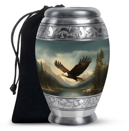 Dark Black Eagle Cremation Urn back view with polished surface - majestic eagle pattern with filigree border - full-size 10 inch 200 cubic inch adult cremation urn
