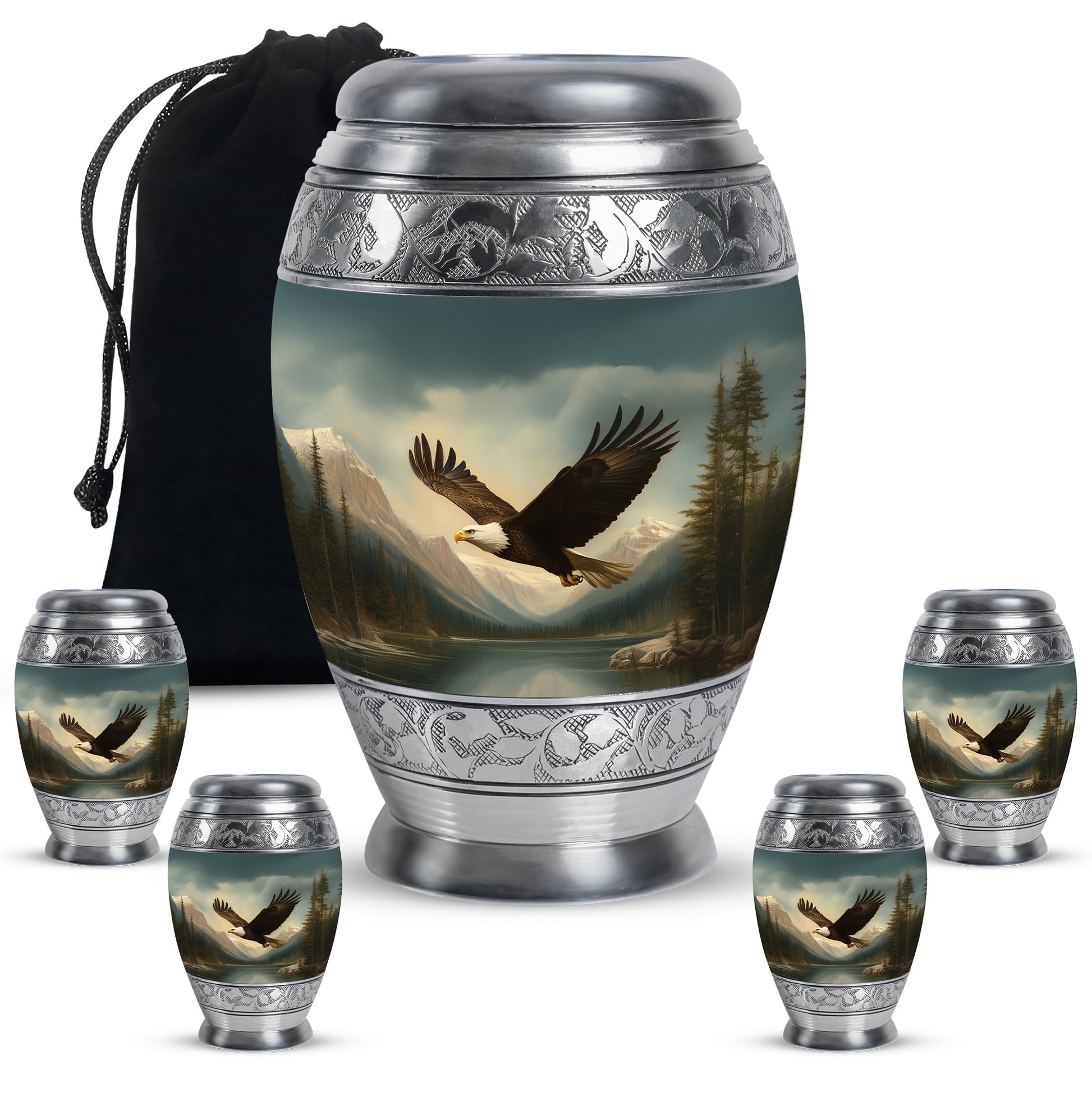 Glossy Black Eagle Cremation Urn detail view - regal eagle design with crown-inspired accents - memorial set with one large and four small urns