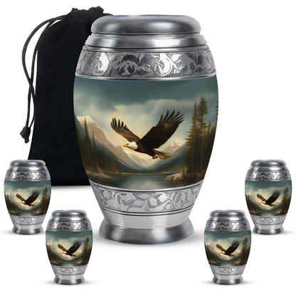 Glossy Black Eagle Cremation Urn detail view - regal eagle design with crown-inspired accents - memorial set with one large and four small urns