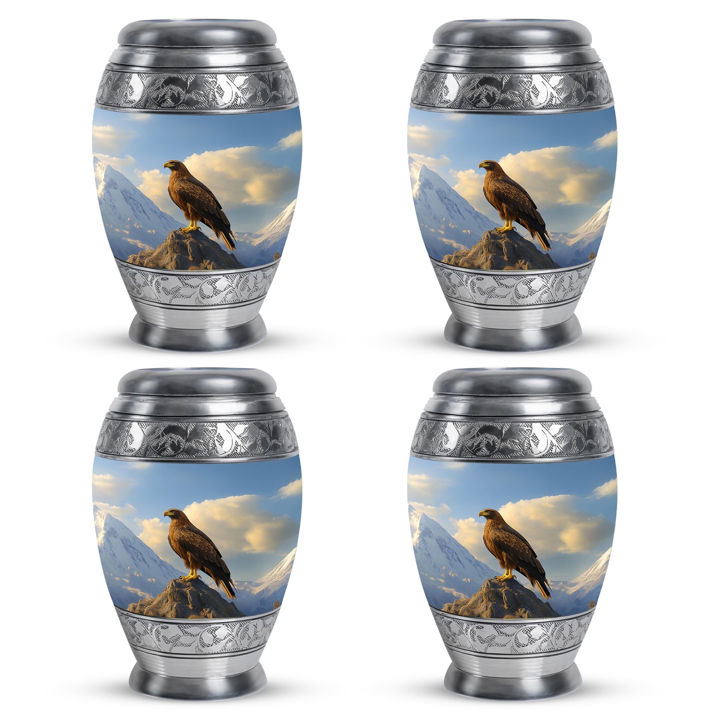 Misty Blue Eagle Cremation Urn urn with complimentary velvet bag - ornate monarch-style eagle relief on brushed aluminum - 10 inch aluminum urn for cremated remains