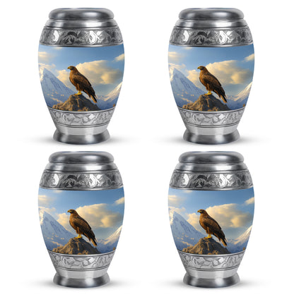 Misty Blue Eagle Cremation Urn urn with complimentary velvet bag - ornate monarch-style eagle relief on brushed aluminum - 10 inch aluminum urn for cremated remains