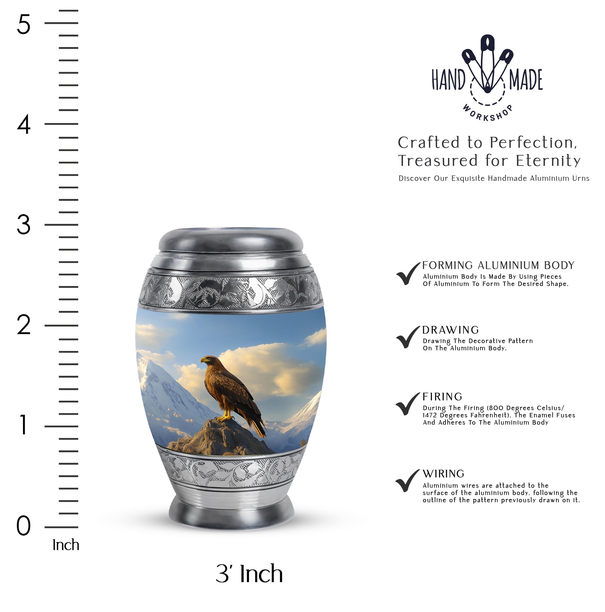 Indigo Eagle Cremation Urn lifestyle display on memorial shelf - ornate monarch-style eagle relief on brushed aluminum - mini keepsake memorial for portion of cremation ashes