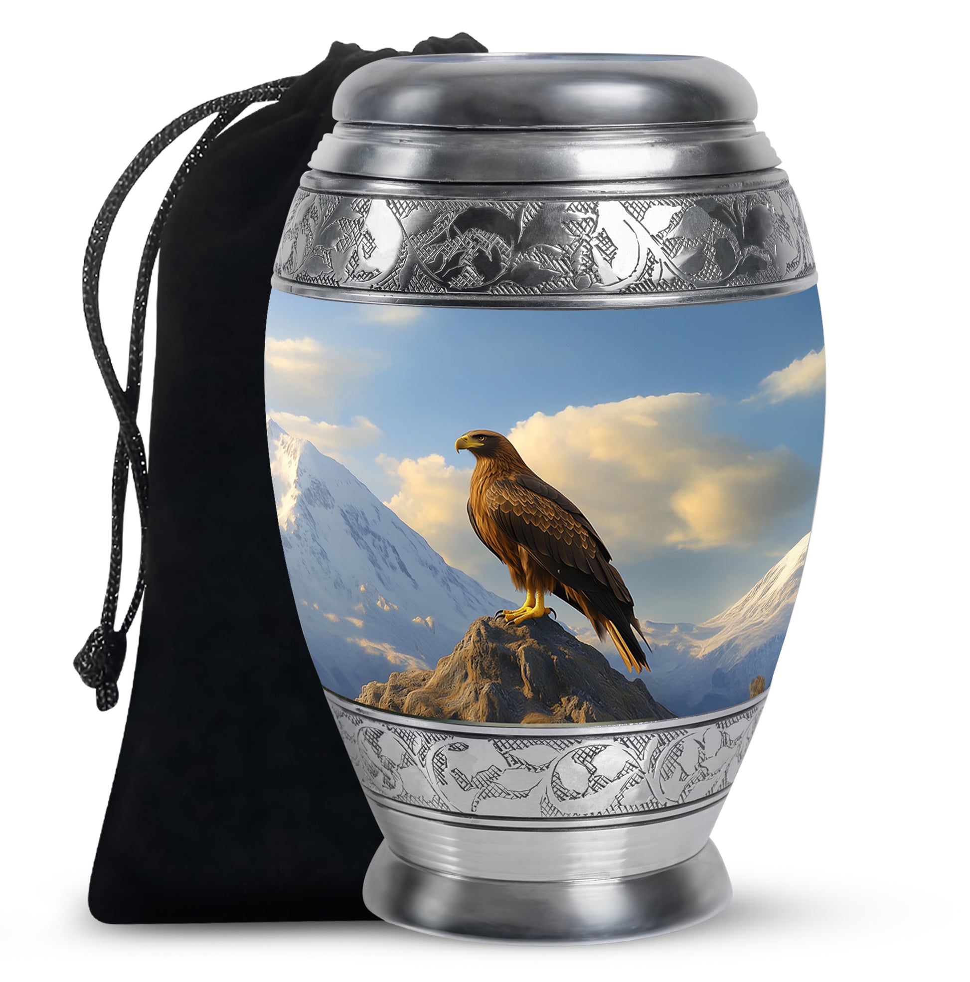 Bright Blue Eagle Cremation Urn back view with polished surface - majestic eagle pattern with filigree border - full-size 10 inch 200 cubic inch adult cremation urn