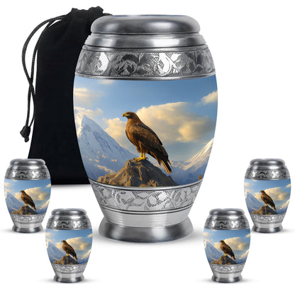 Calming Blue Eagle Cremation Urn detail view - royal eagle engraving with decorative scrollwork - memorial set with one large and four small urns