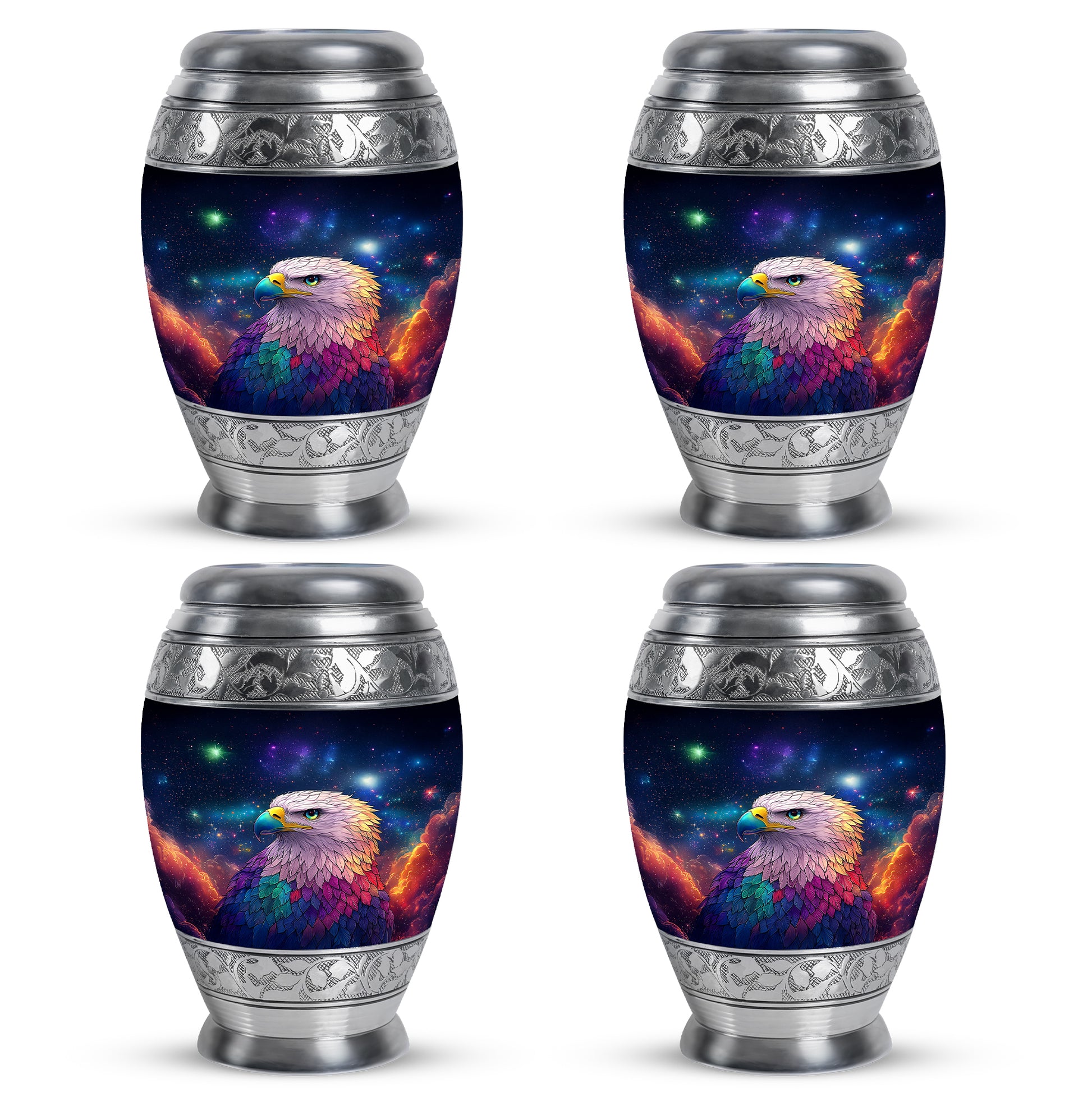 Vivid Blue Eagle Cremation Urn urn with complimentary velvet bag - royal eagle engraving with decorative scrollwork - 10 inch aluminum urn for cremated remains