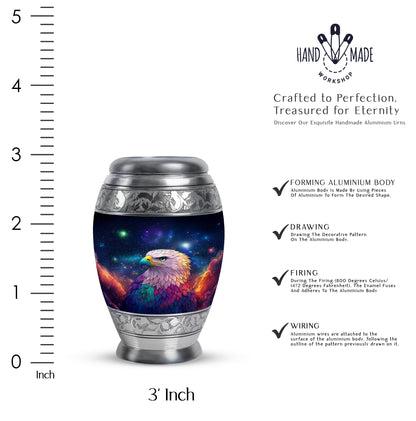Celestial Blue Eagle Cremation Urn lifestyle display on memorial shelf - ornate monarch-style eagle relief on brushed aluminum - mini keepsake memorial for portion of cremation ashes