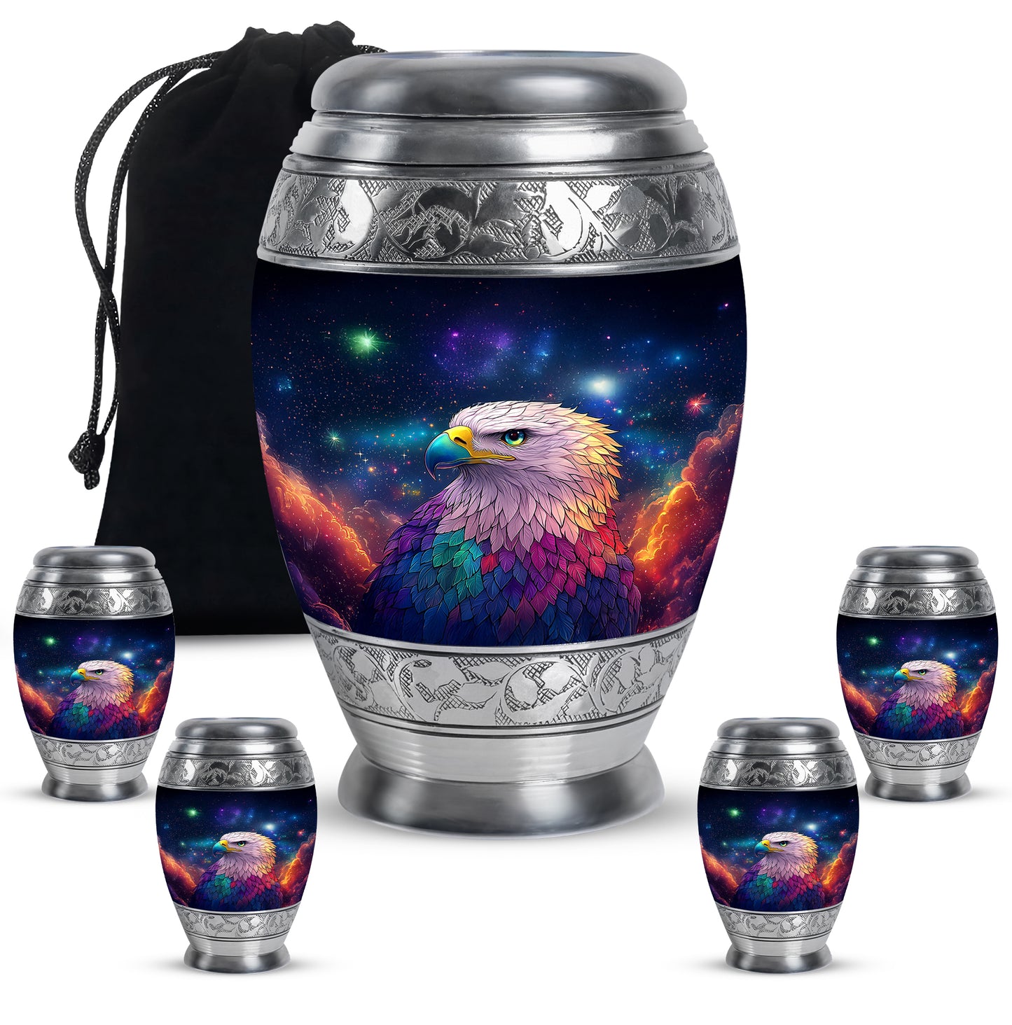 Azure Eagle Cremation Urn detail view - regal eagle design with crown-inspired accents - memorial set with one large and four small urns