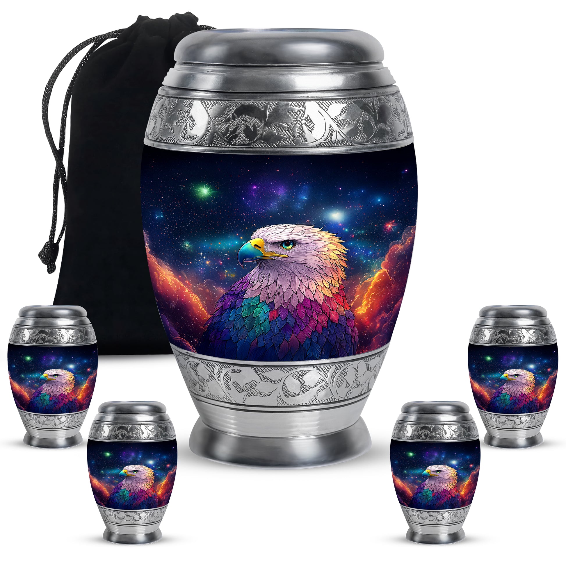 Azure Eagle Cremation Urn detail view - regal eagle design with crown-inspired accents - memorial set with one large and four small urns
