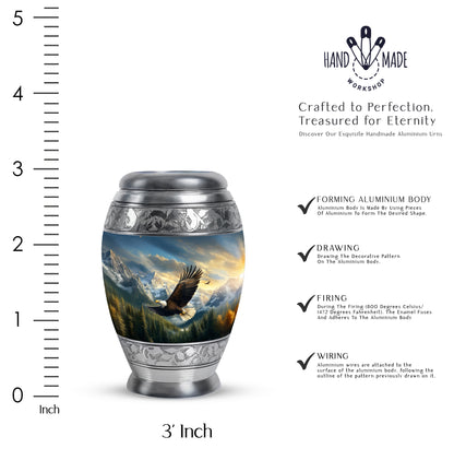 Misty Blue Eagle Cremation Urn lifestyle display on memorial shelf - ornate monarch-style eagle relief on brushed aluminum - mini keepsake memorial for portion of cremation ashes