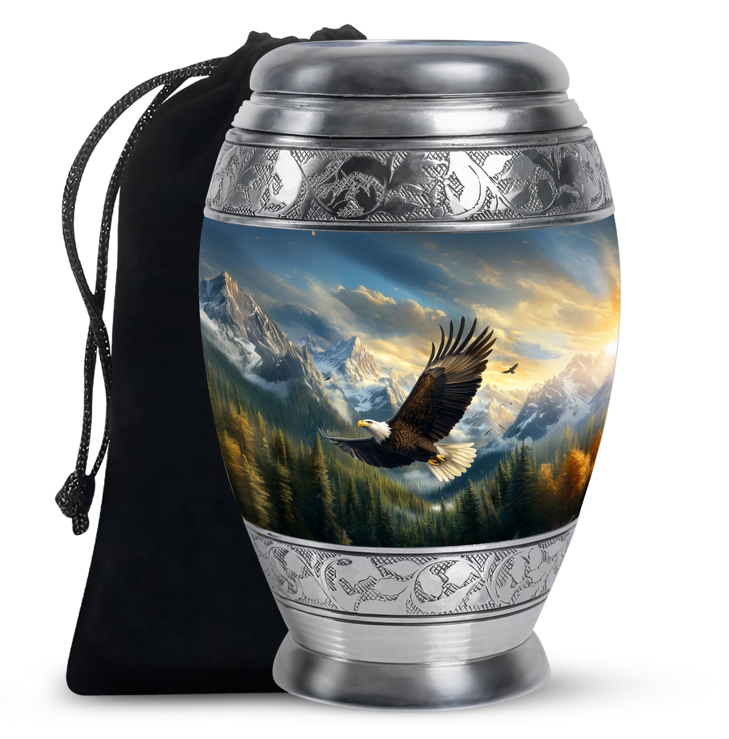 Powder Blue Eagle Cremation Urn back view with polished surface - ornate monarch-style eagle relief on brushed aluminum - full-size 10 inch 200 cubic inch adult cremation urn