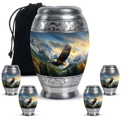 Celestial Blue Eagle Cremation Urn detail view - regal eagle design with crown-inspired accents - memorial set with one large and four small urns
