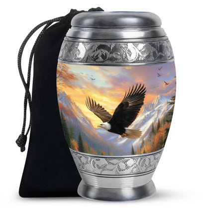 Blush Pink Eagle Cremation Urn back view with polished surface - ornate monarch-style eagle relief on brushed aluminum - full-size 10 inch 200 cubic inch adult cremation urn