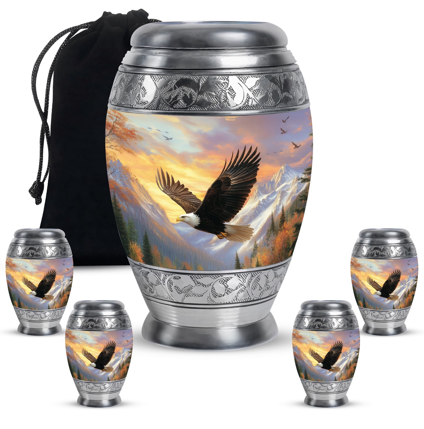 Dusty Pink Eagle Cremation Urn detail view - majestic eagle pattern with filigree border - memorial set with one large and four small urns