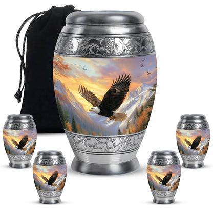 Dusty Pink Eagle Cremation Urn detail view - majestic eagle pattern with filigree border - memorial set with one large and four small urns
