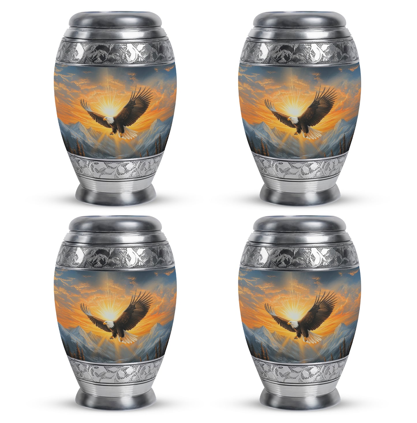 Calming Blue Eagle Cremation Urn urn with complimentary velvet bag - royal eagle engraving with decorative scrollwork - 10 inch aluminum urn for cremated remains