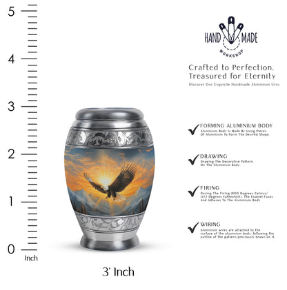 Royal Blue Eagle Cremation Urn lifestyle display on memorial shelf - royal eagle engraving with decorative scrollwork - mini keepsake memorial for portion of cremation ashes