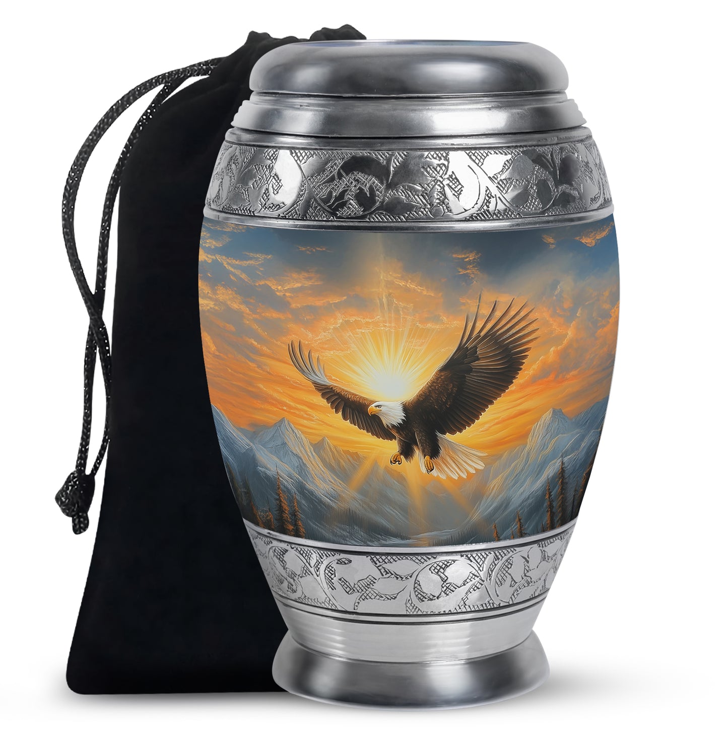Cornflower Blue Eagle Cremation Urn back view with polished surface - royal eagle engraving with decorative scrollwork - full-size 10 inch 200 cubic inch adult cremation urn