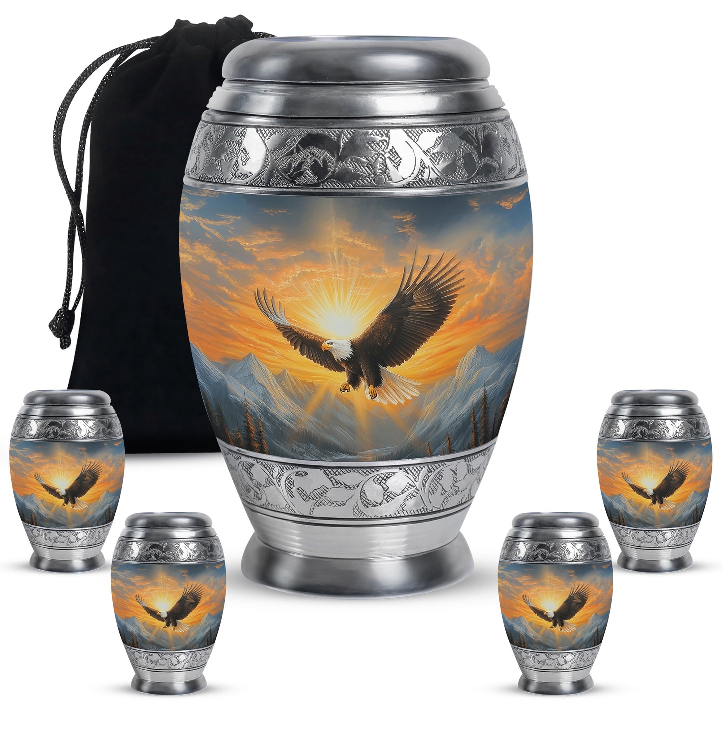 Steel Blue Eagle Cremation Urn detail view - majestic eagle pattern with filigree border - memorial set with one large and four small urns