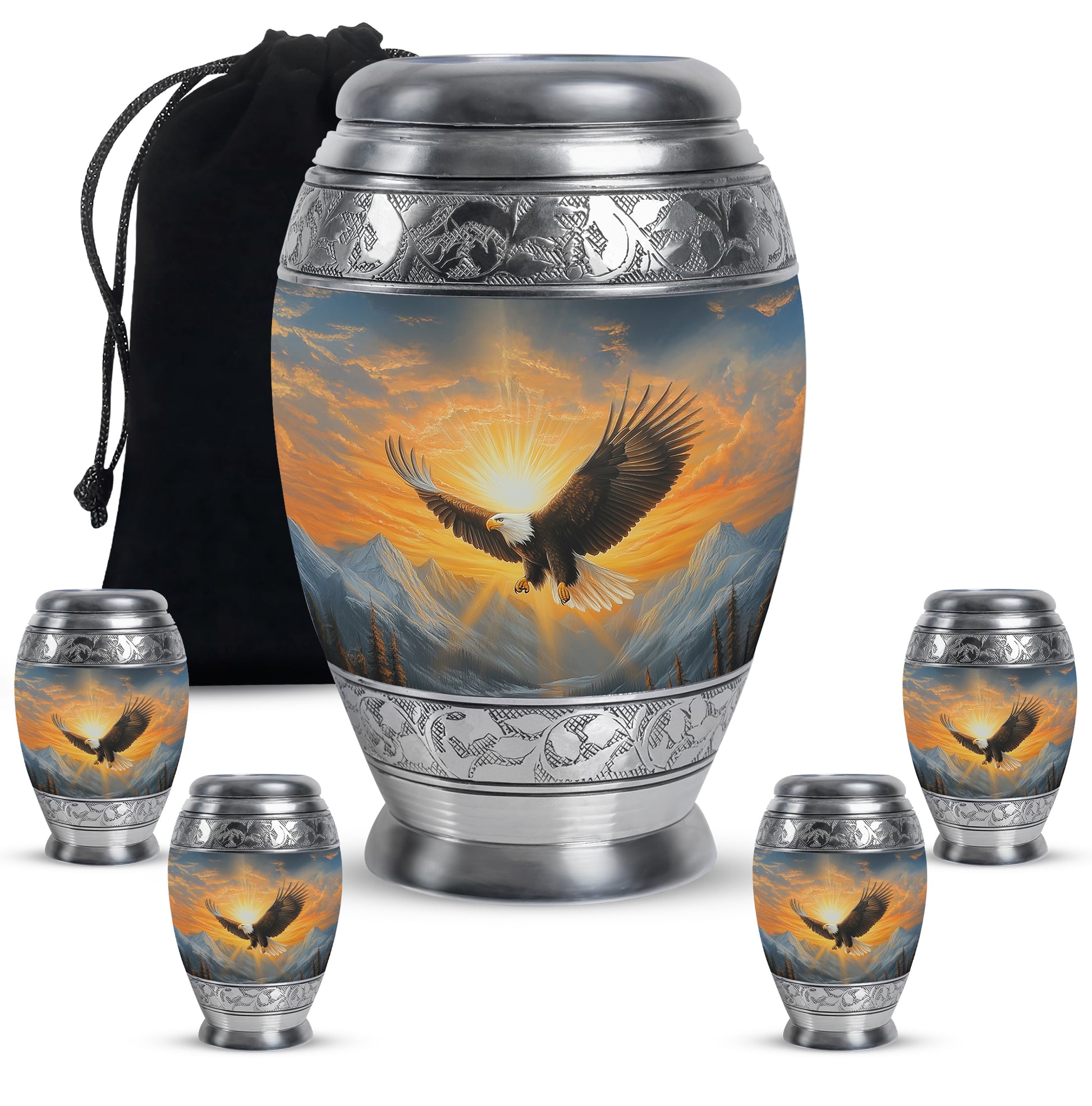 Steel Blue Eagle Cremation Urn detail view - majestic eagle pattern with filigree border - memorial set with one large and four small urns