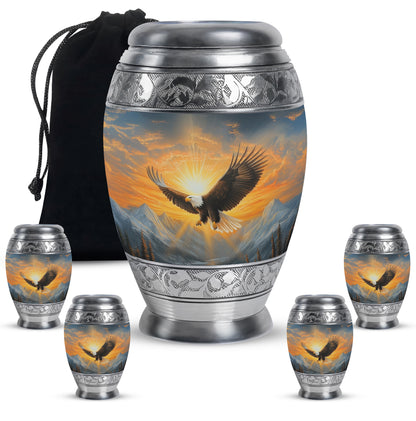 Steel Blue Eagle Cremation Urn detail view - majestic eagle pattern with filigree border - memorial set with one large and four small urns