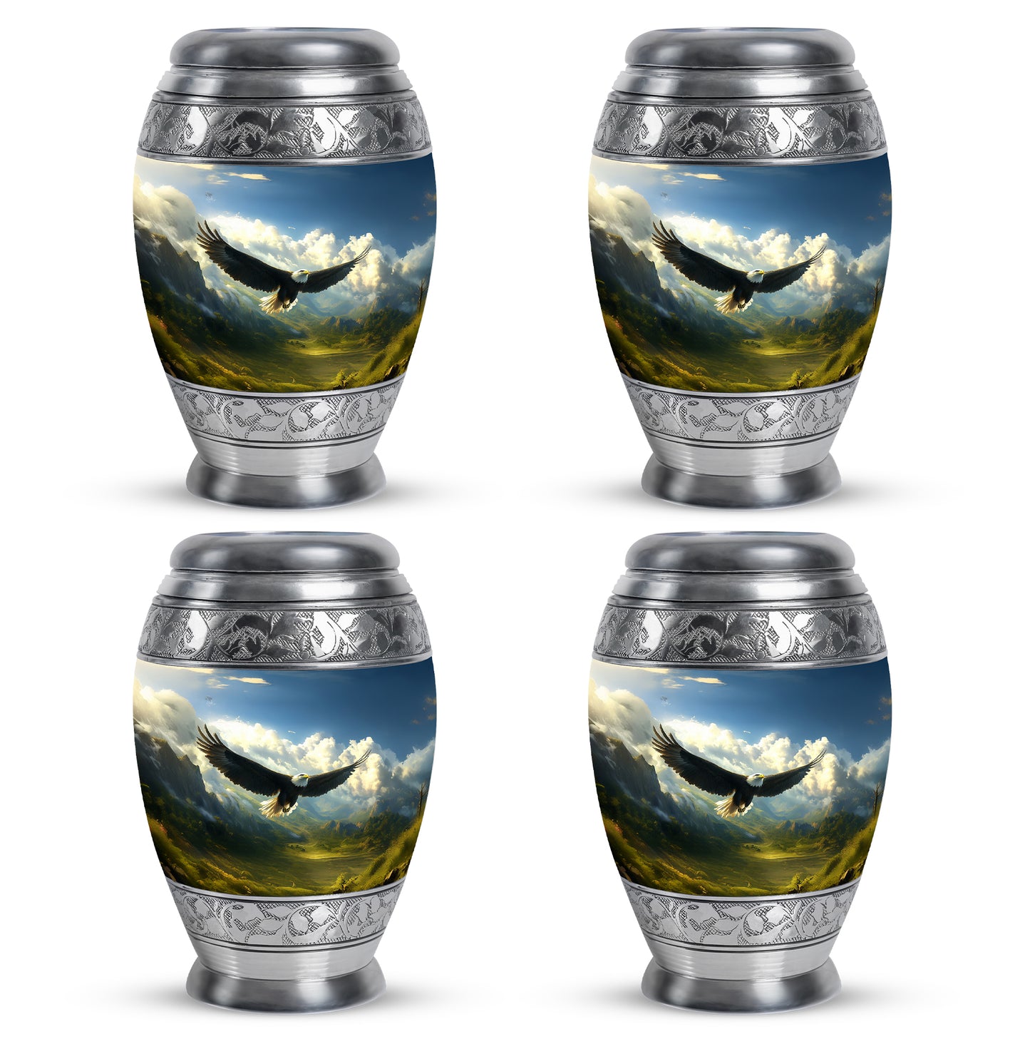Slate Blue Eagle Cremation Urn urn with complimentary velvet bag - ornate monarch-style eagle relief on brushed aluminum - 10 inch aluminum urn for cremated remains