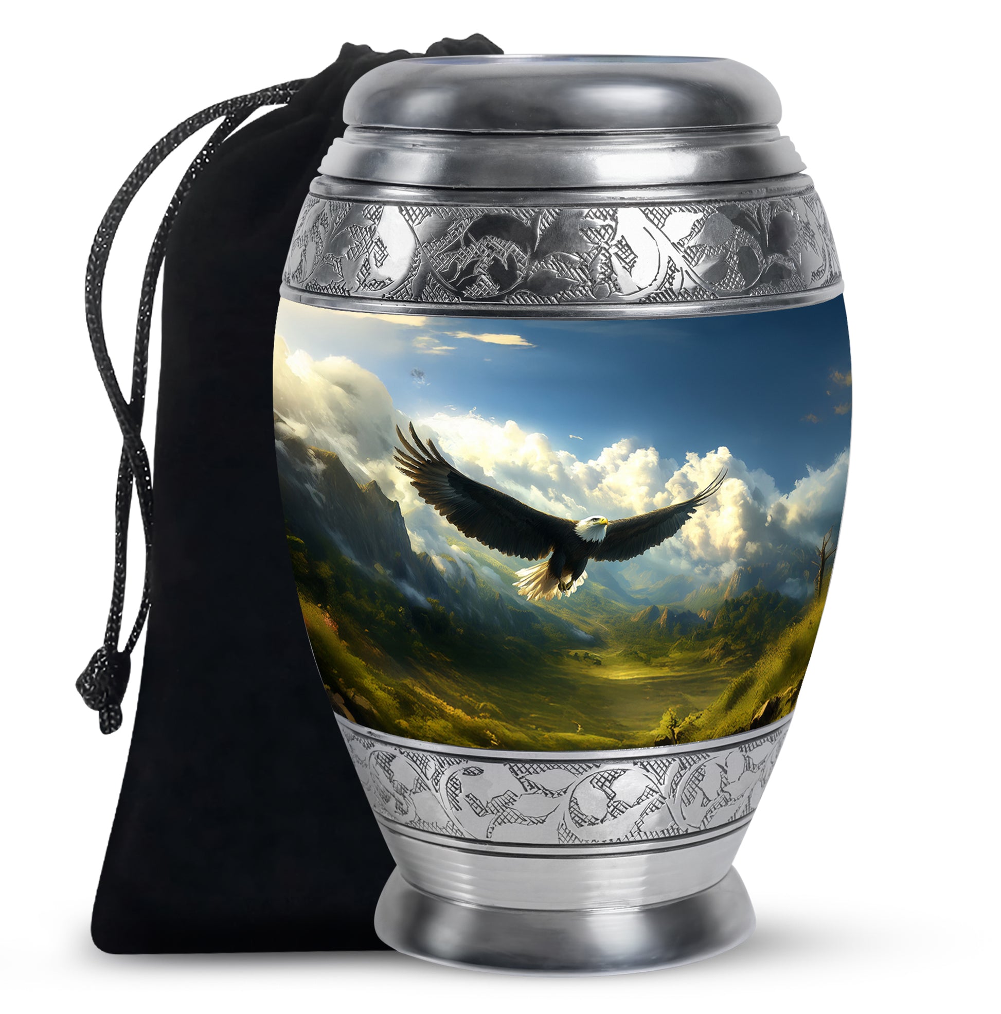 Indigo Eagle Cremation Urn back view with polished surface - regal eagle design with crown-inspired accents - full-size 10 inch 200 cubic inch adult cremation urn