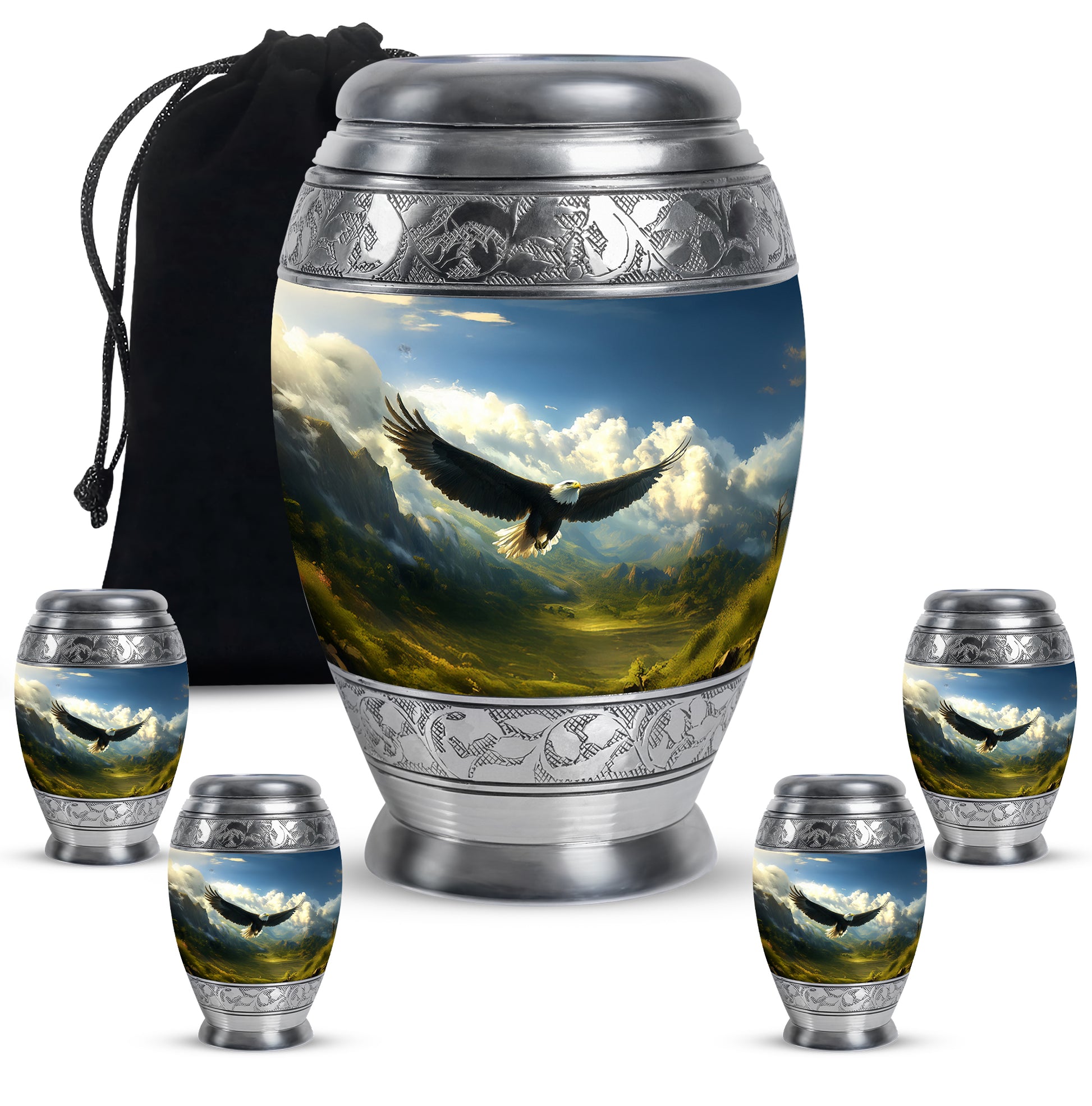 Sky Blue Eagle Cremation Urn detail view - regal eagle design with crown-inspired accents - memorial set with one large and four small urns