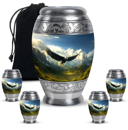 Sky Blue Eagle Cremation Urn detail view - regal eagle design with crown-inspired accents - memorial set with one large and four small urns