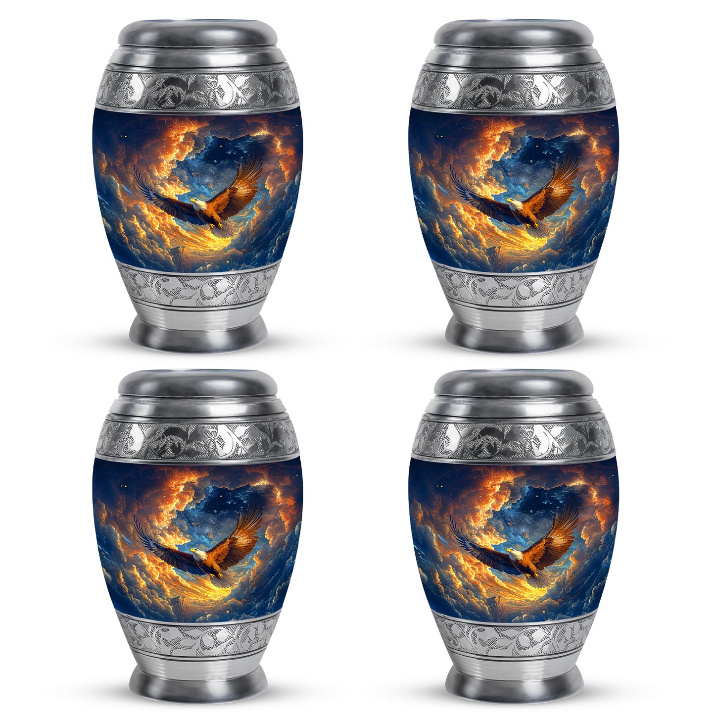 Powder Blue Eagle Cremation Urn urn with complimentary velvet bag - ornate monarch-style eagle relief on brushed aluminum - 10 inch aluminum urn for cremated remains