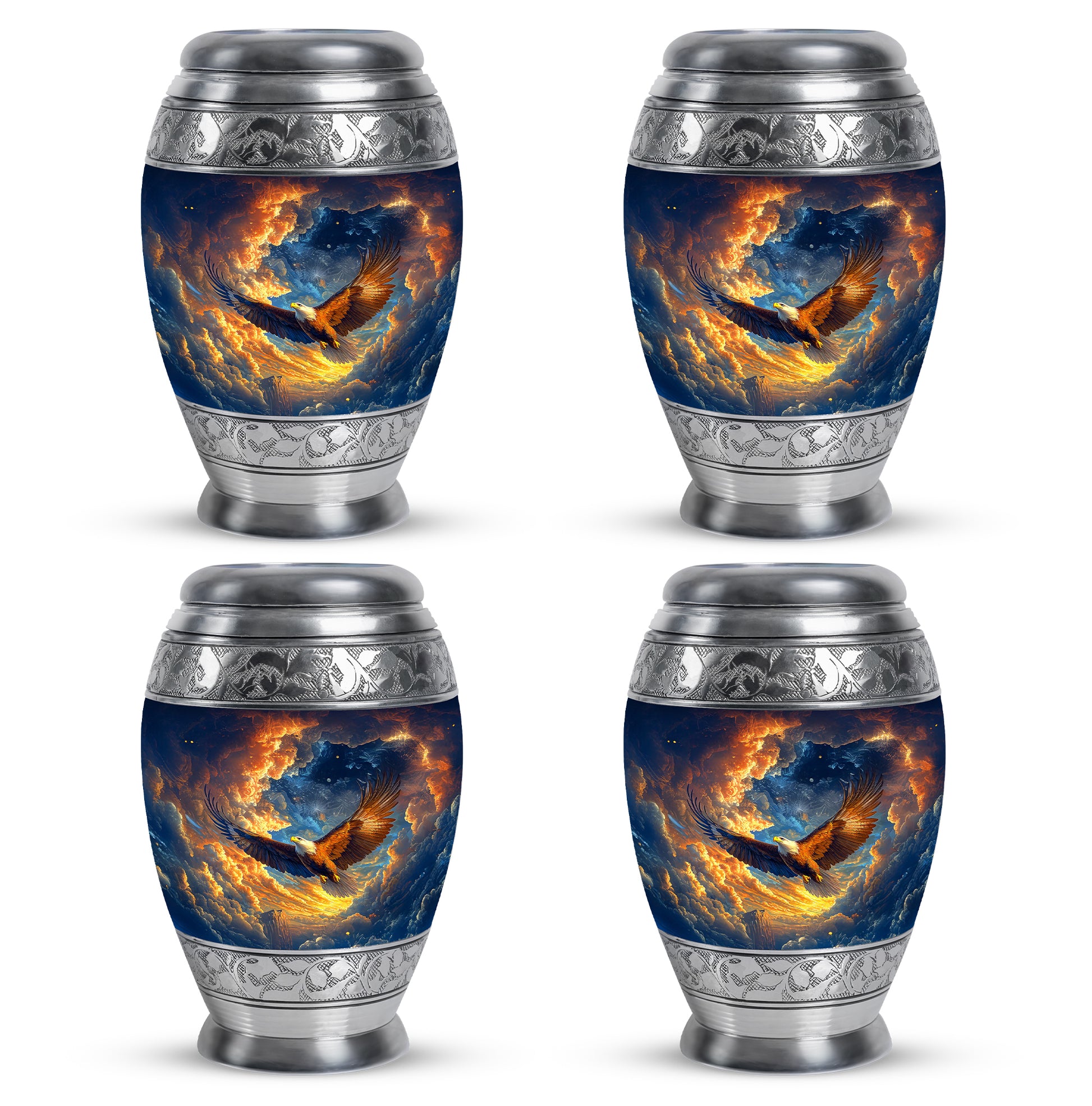 Powder Blue Eagle Cremation Urn urn with complimentary velvet bag - ornate monarch-style eagle relief on brushed aluminum - 10 inch aluminum urn for cremated remains